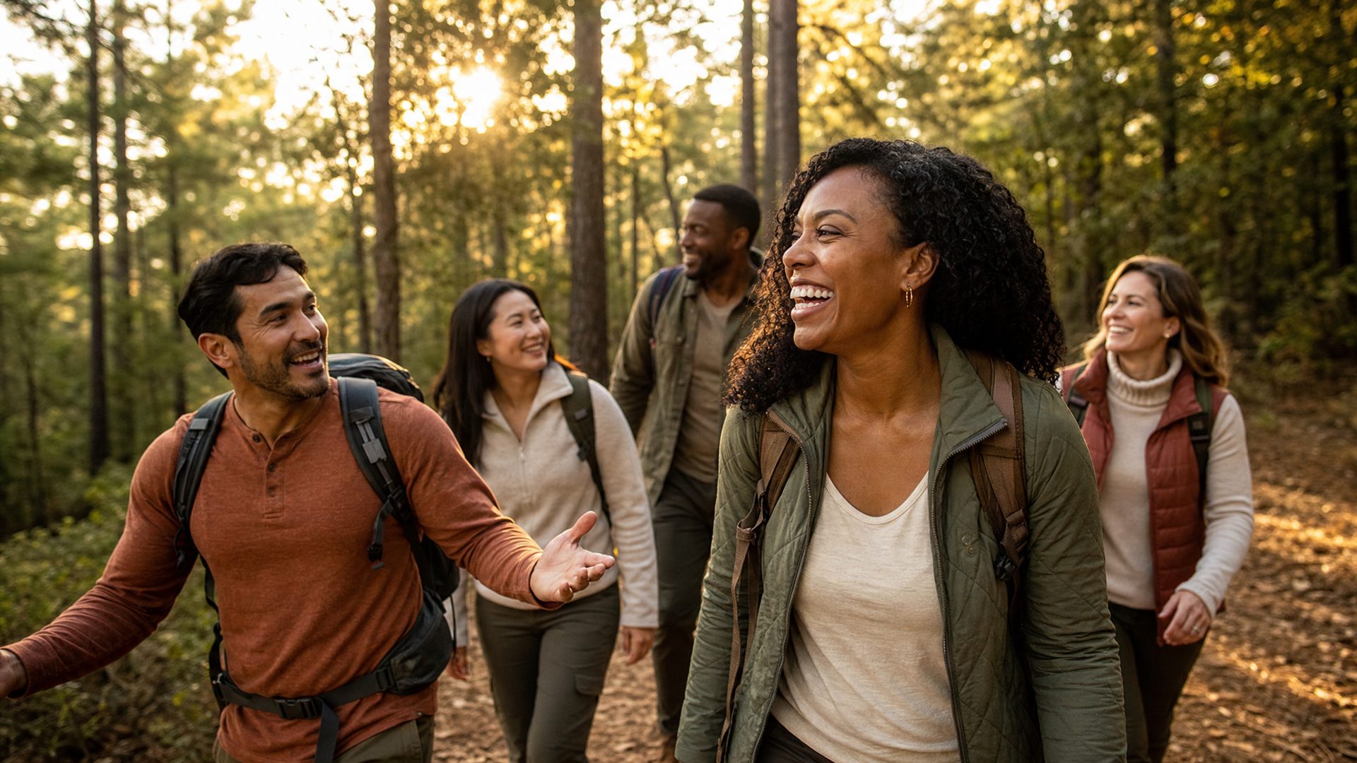 Group of friends hiking through a sunlit forest trail at golden hour